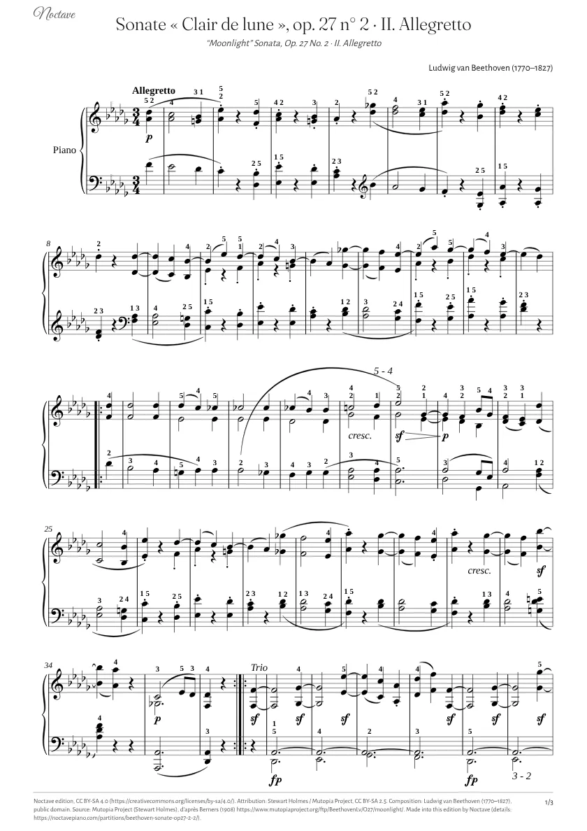 Première page de la partition de Sonate « Clair de lune », op. 27 n° 2 · II. Allegretto