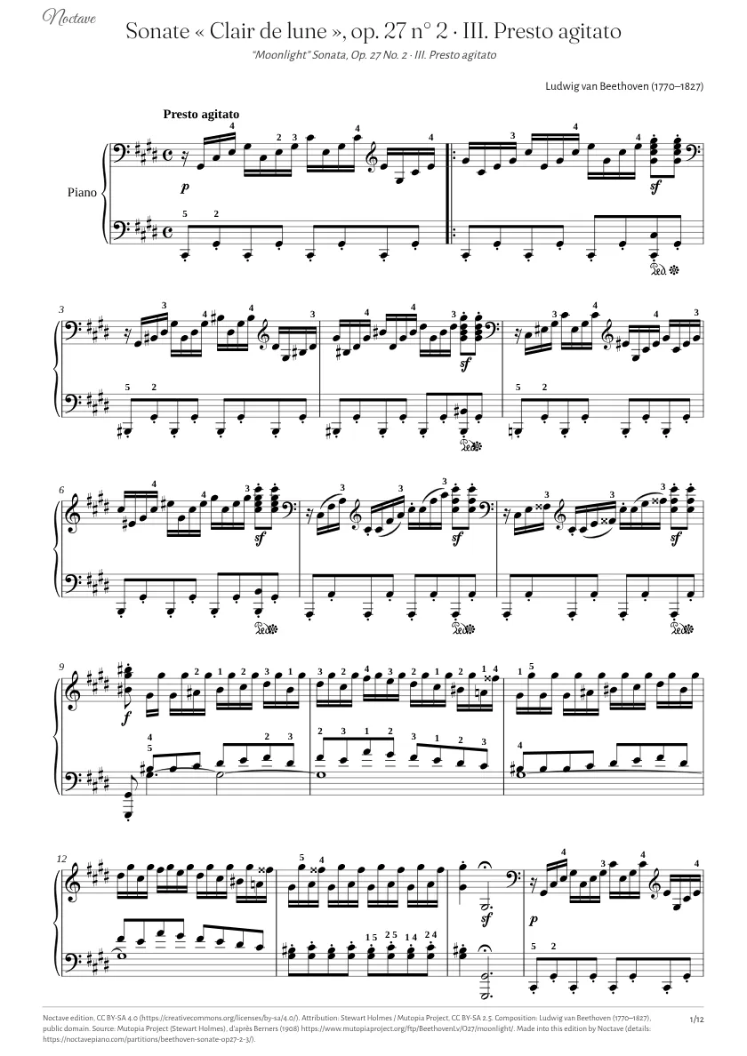 Première page de la partition de Sonate « Clair de lune », op. 27 n° 2 · III. Presto agitato