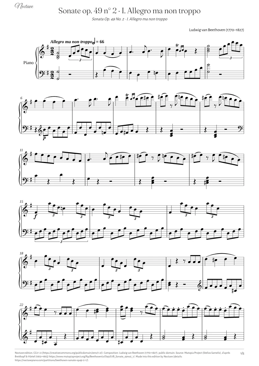 Première page de la partition de Sonate op. 49 n° 2 · I. Allegro ma non troppo