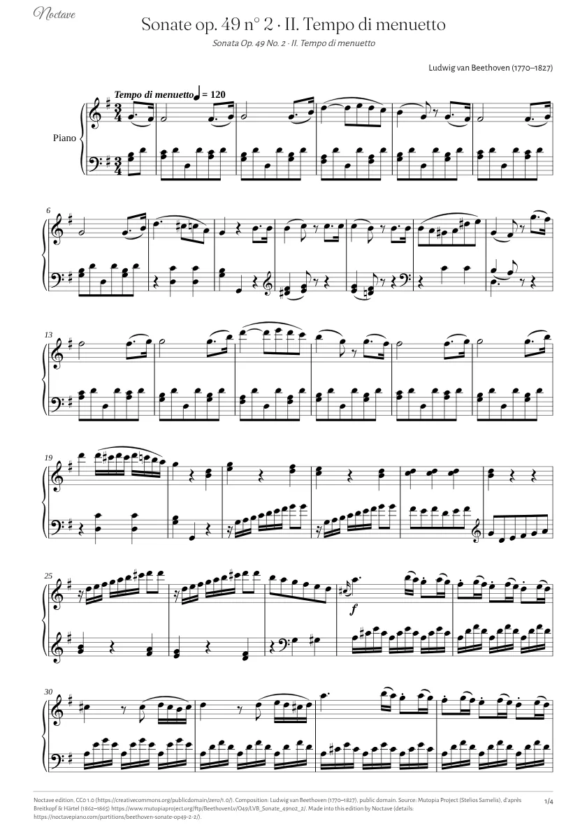 Première page de la partition de Sonate op. 49 n° 2 · II. Tempo di menuetto