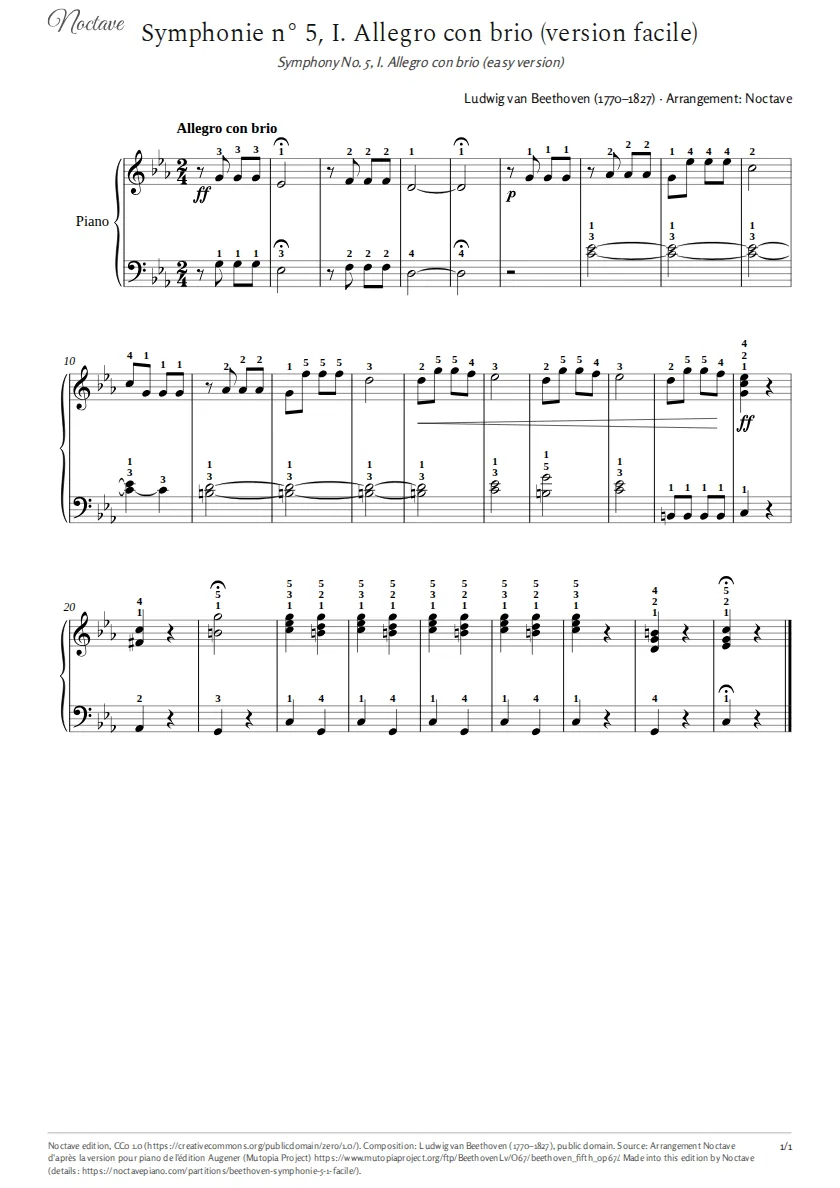 First page of the score of Symphony No. 5, I. Allegro con brio (easy version)