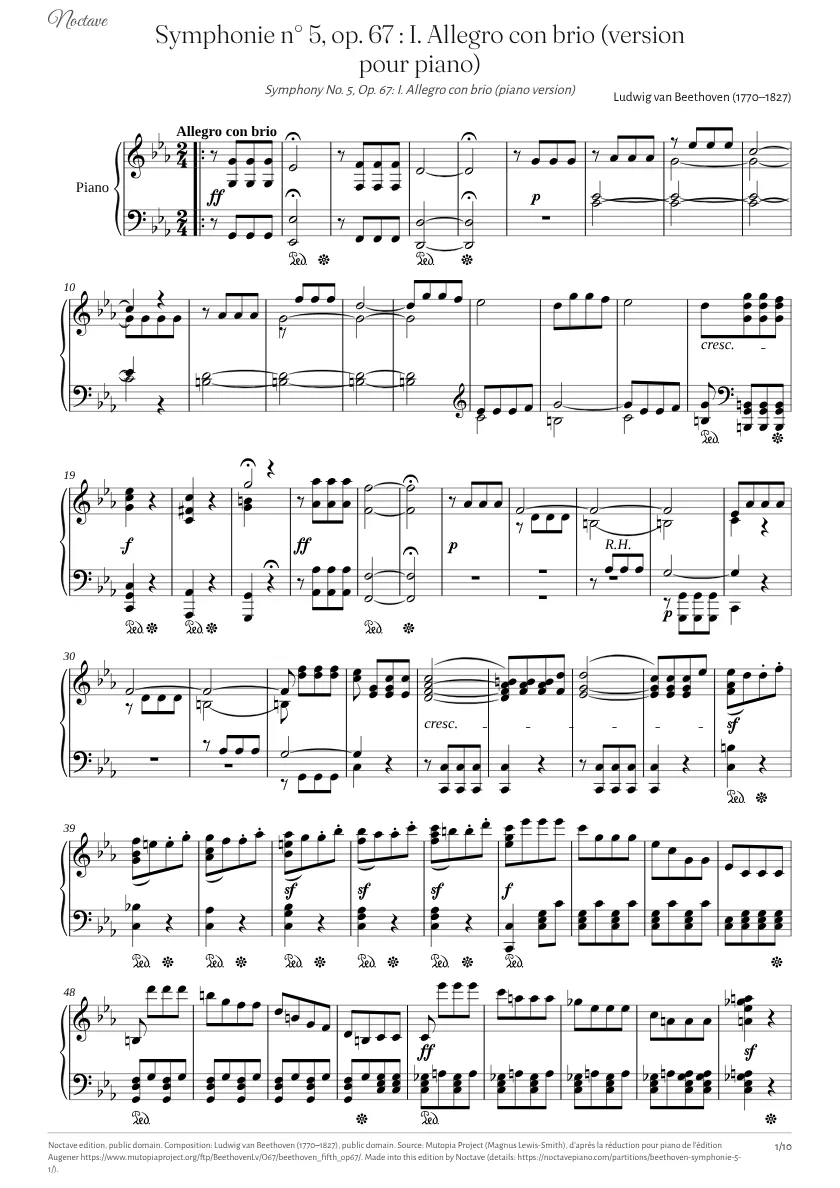 First page of the score of Symphony No. 5, Op. 67: I. Allegro con brio (piano version)