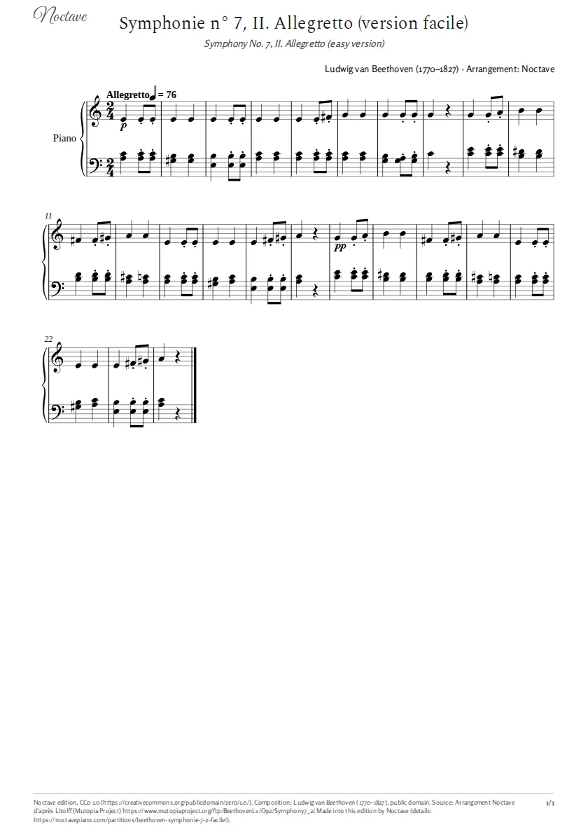 First page of the score of Symphony No. 7, II. Allegretto (easy version)