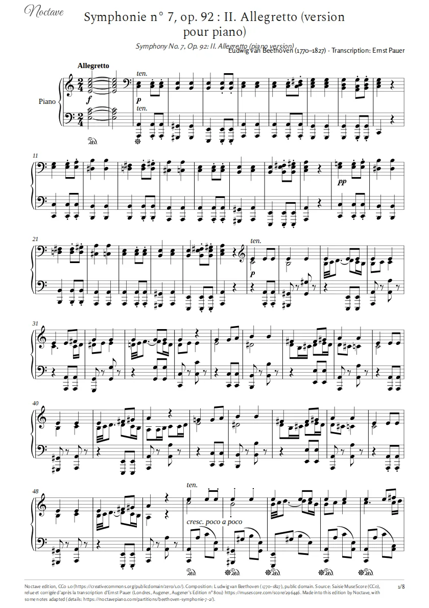 First page of the score of Symphony No. 7, Op. 92: II. Allegretto (piano version)