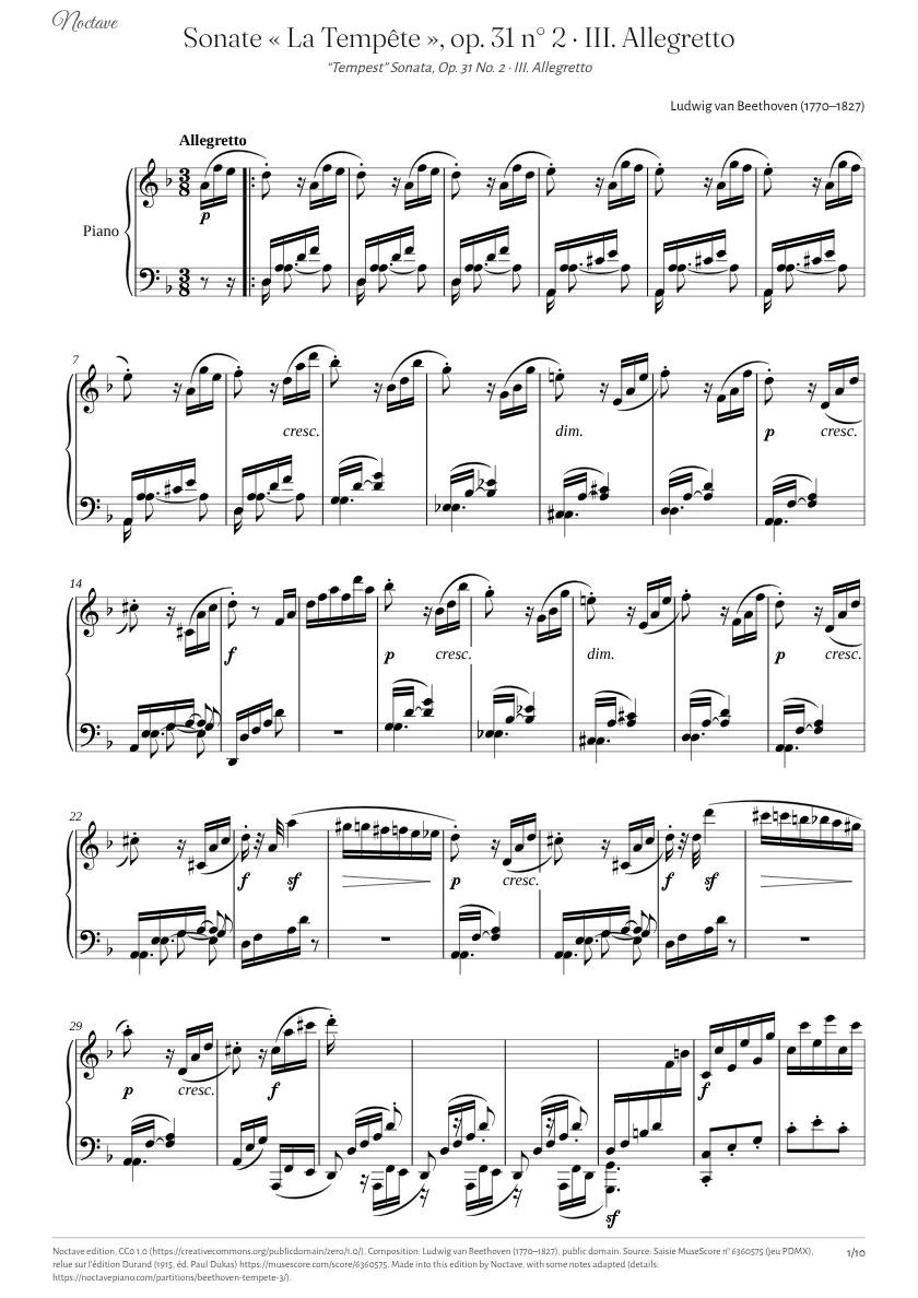 First page of the score of “Tempest” Sonata, Op. 31 No. 2 · III. Allegretto
