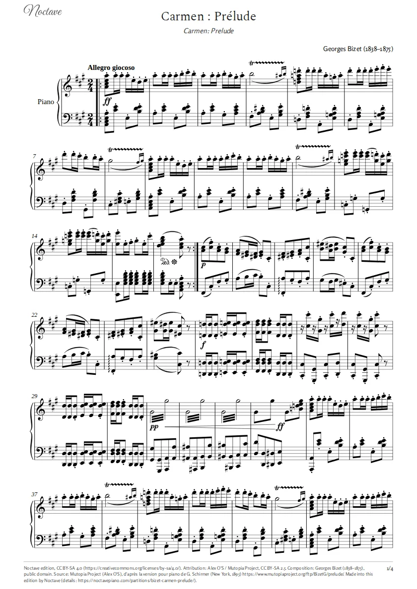 First page of the score of Carmen: Prelude