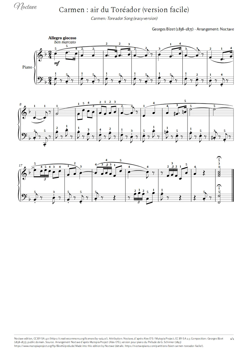 First page of the score of Carmen: Toreador Song (easy version)