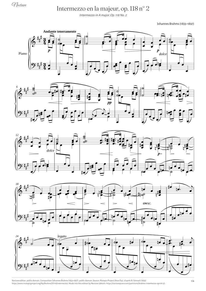Première page de la partition de Intermezzo en la majeur, op. 118 n° 2