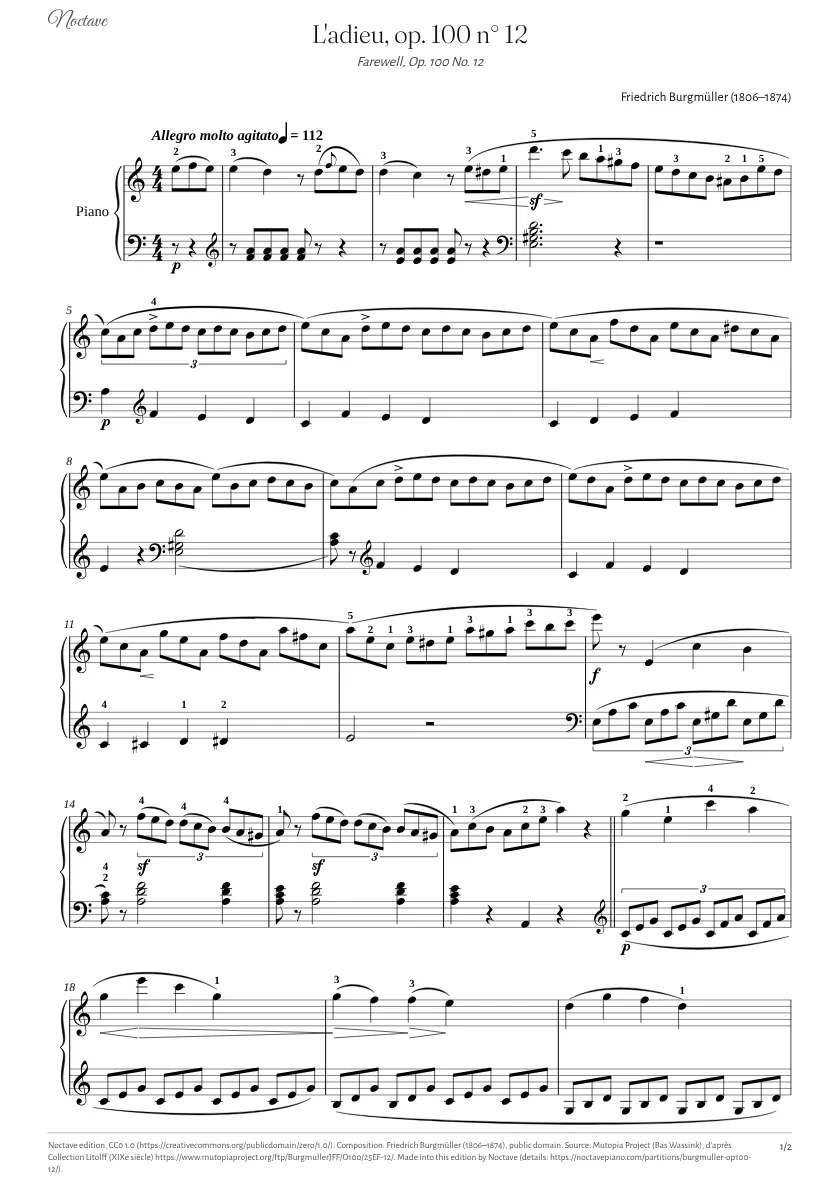 Première page de la partition de L'adieu, op. 100 n° 12