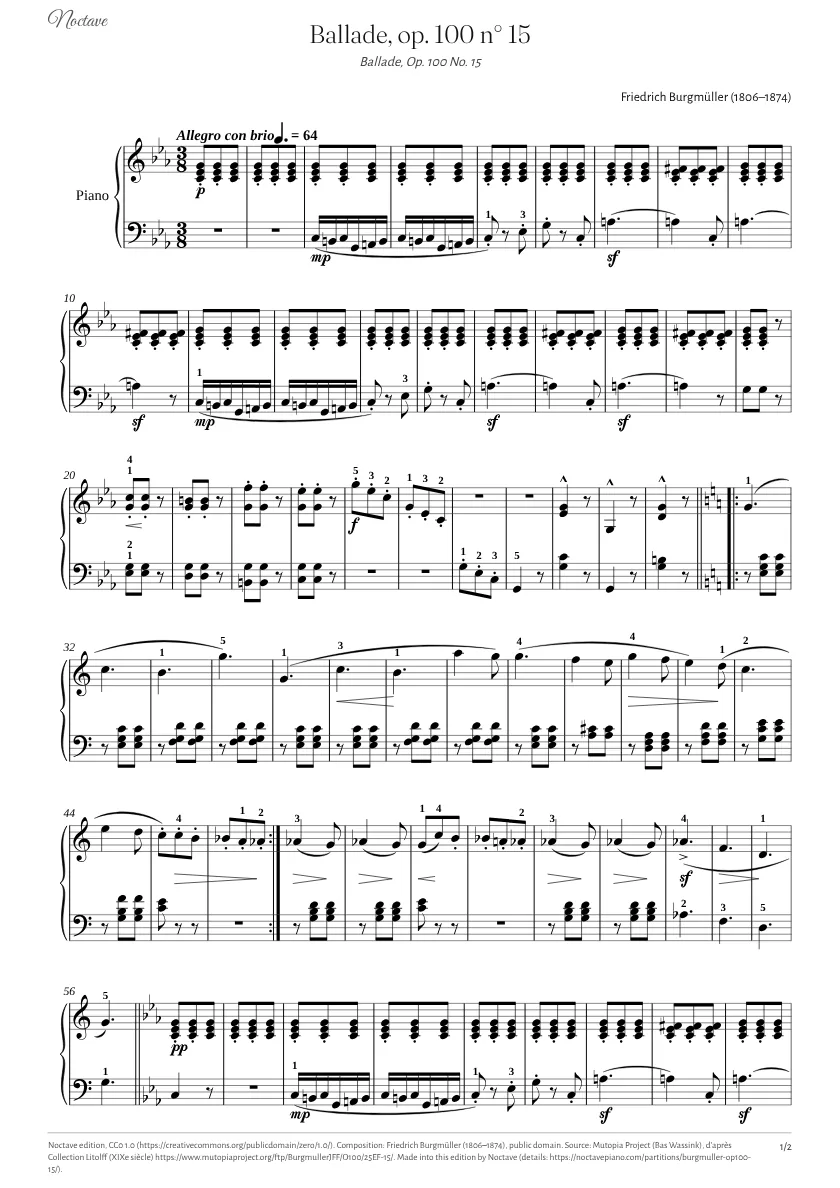 Première page de la partition de Ballade, op. 100 n° 15