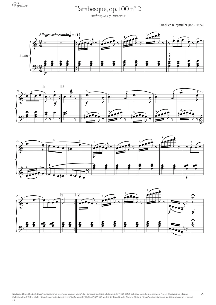 Première page de la partition de L'arabesque, op. 100 n° 2