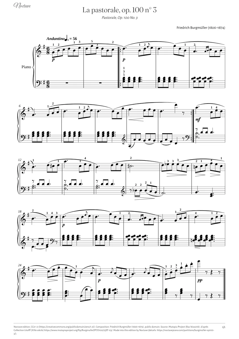 First page of the score of Pastorale, Op. 100 No. 3