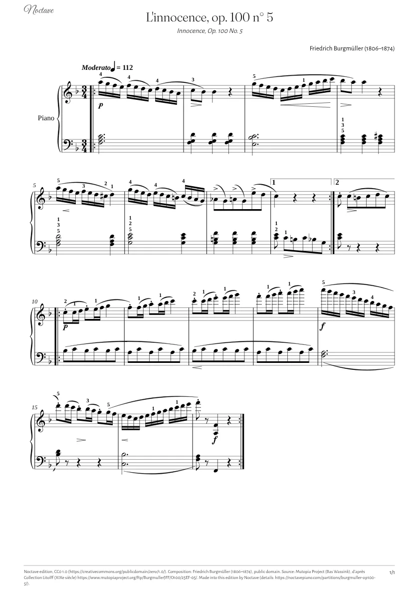 Première page de la partition de L'innocence, op. 100 n° 5