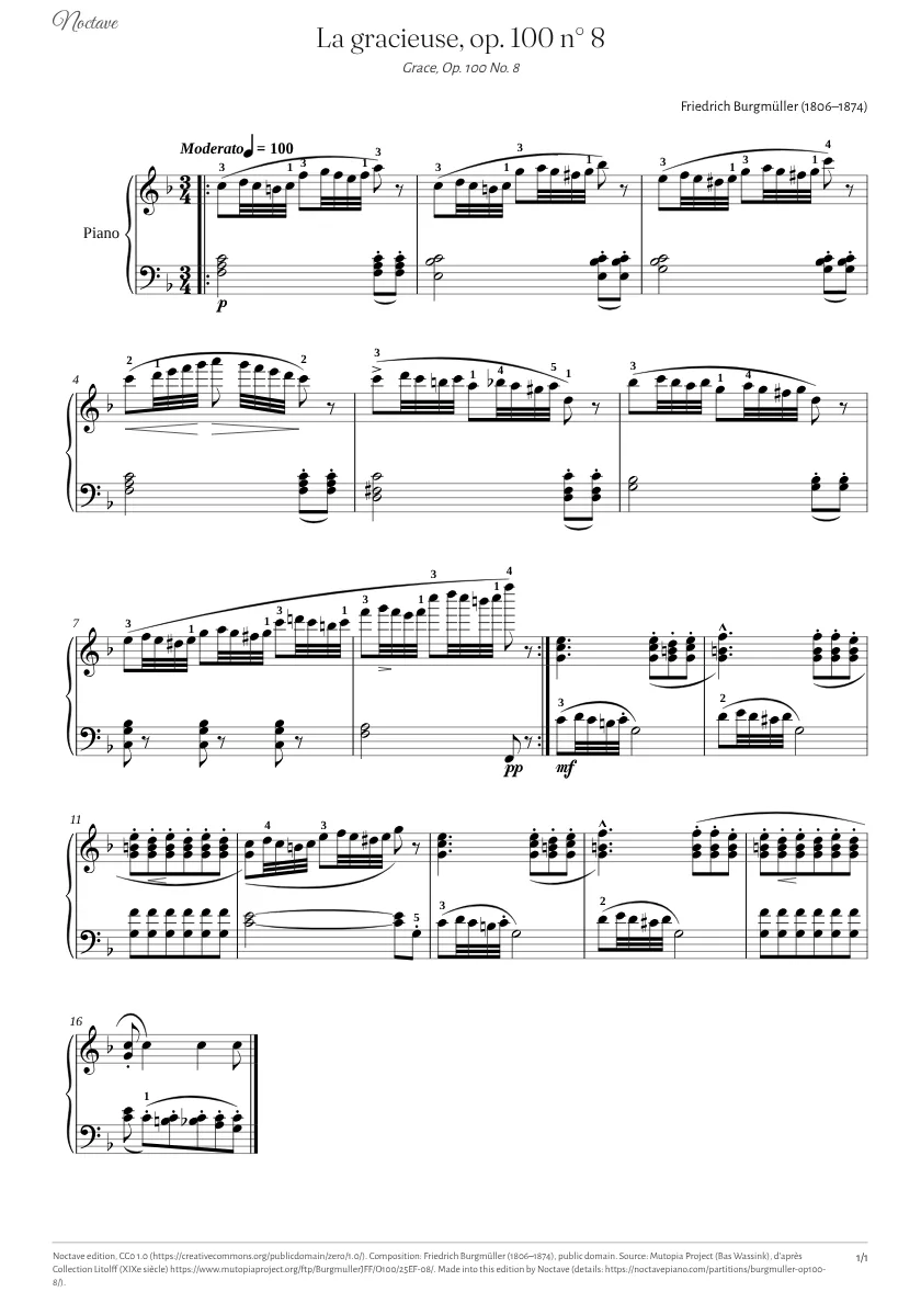 Première page de la partition de La gracieuse, op. 100 n° 8