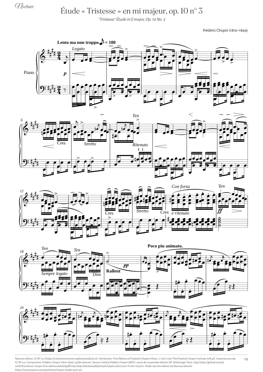 Première page de la partition de Étude « Tristesse » en mi majeur, op. 10 n° 3
