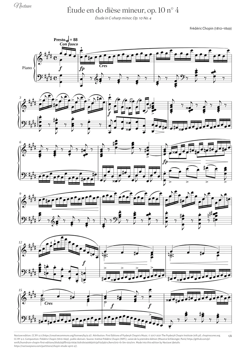 Première page de la partition de Étude en do dièse mineur, op. 10 n° 4