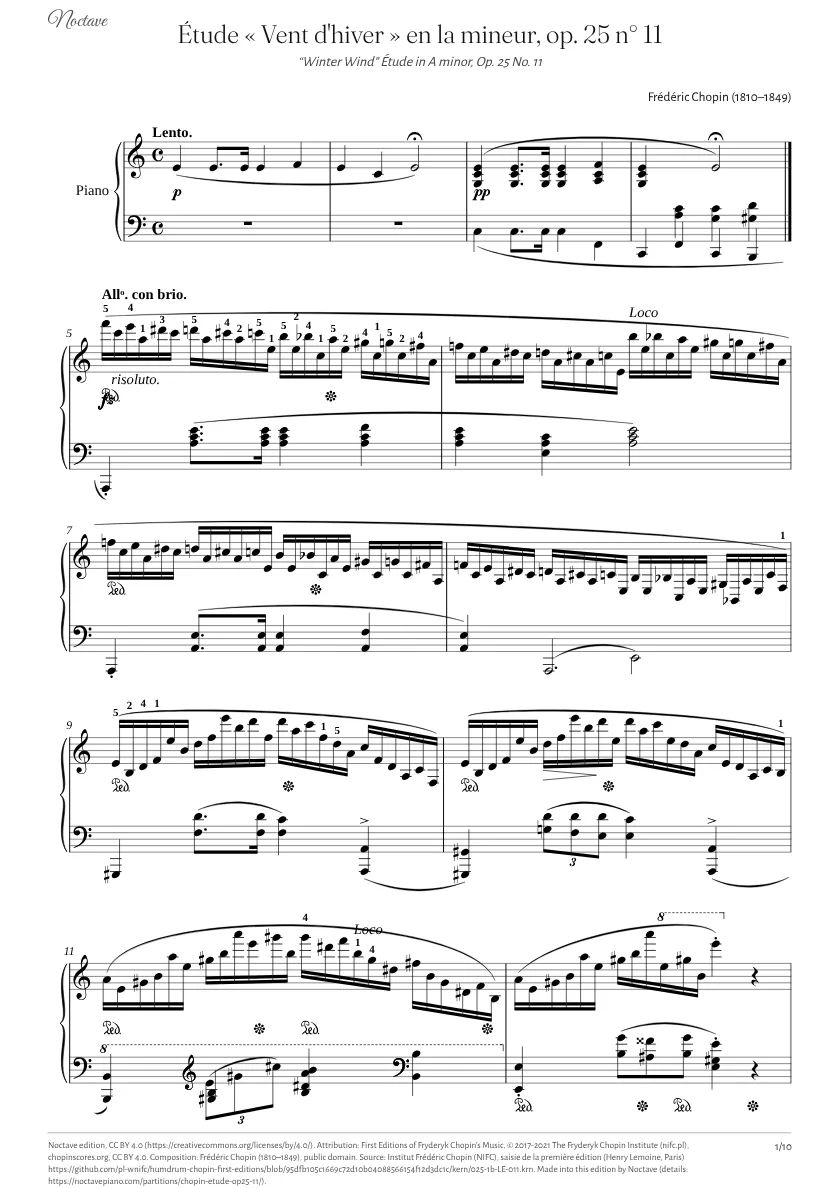Première page de la partition de Étude « Vent d'hiver » en la mineur, op. 25 n° 11