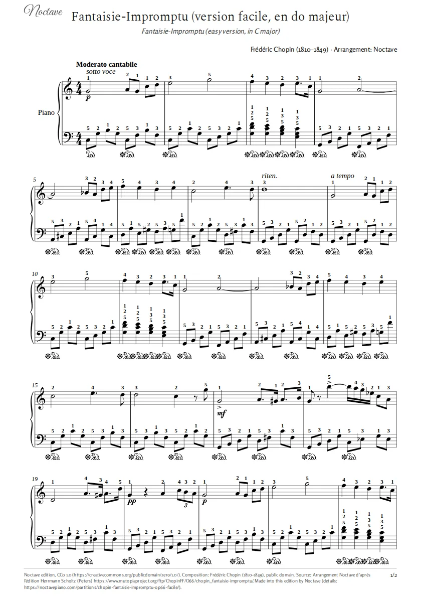 Première page de la partition de Fantaisie-Impromptu (version facile, en do majeur)
