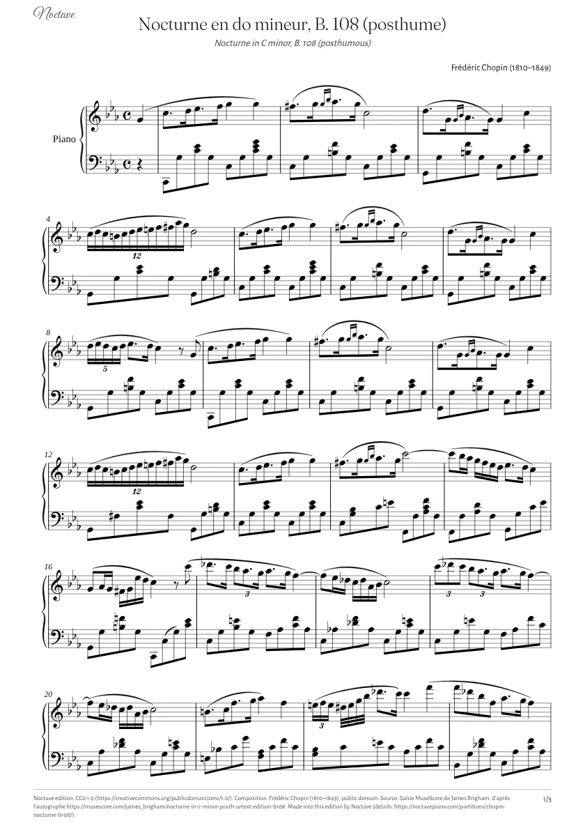 Première page de la partition de Nocturne en do mineur, B. 108 (posthume)