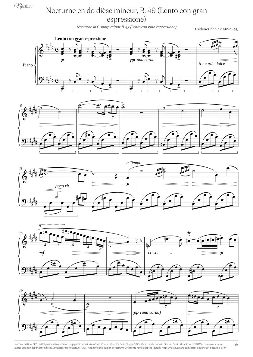Première page de la partition de Nocturne en do dièse mineur, B. 49 (Lento con gran espressione)