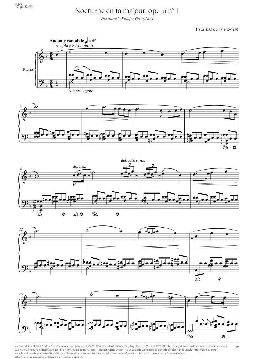 Première page de la partition de Nocturne en fa majeur, op. 15 n° 1