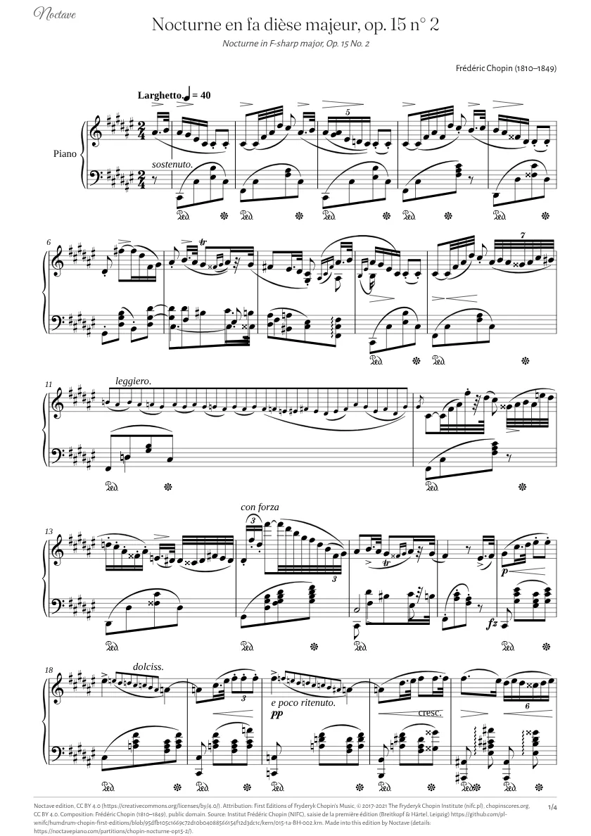 Première page de la partition de Nocturne en fa dièse majeur, op. 15 n° 2