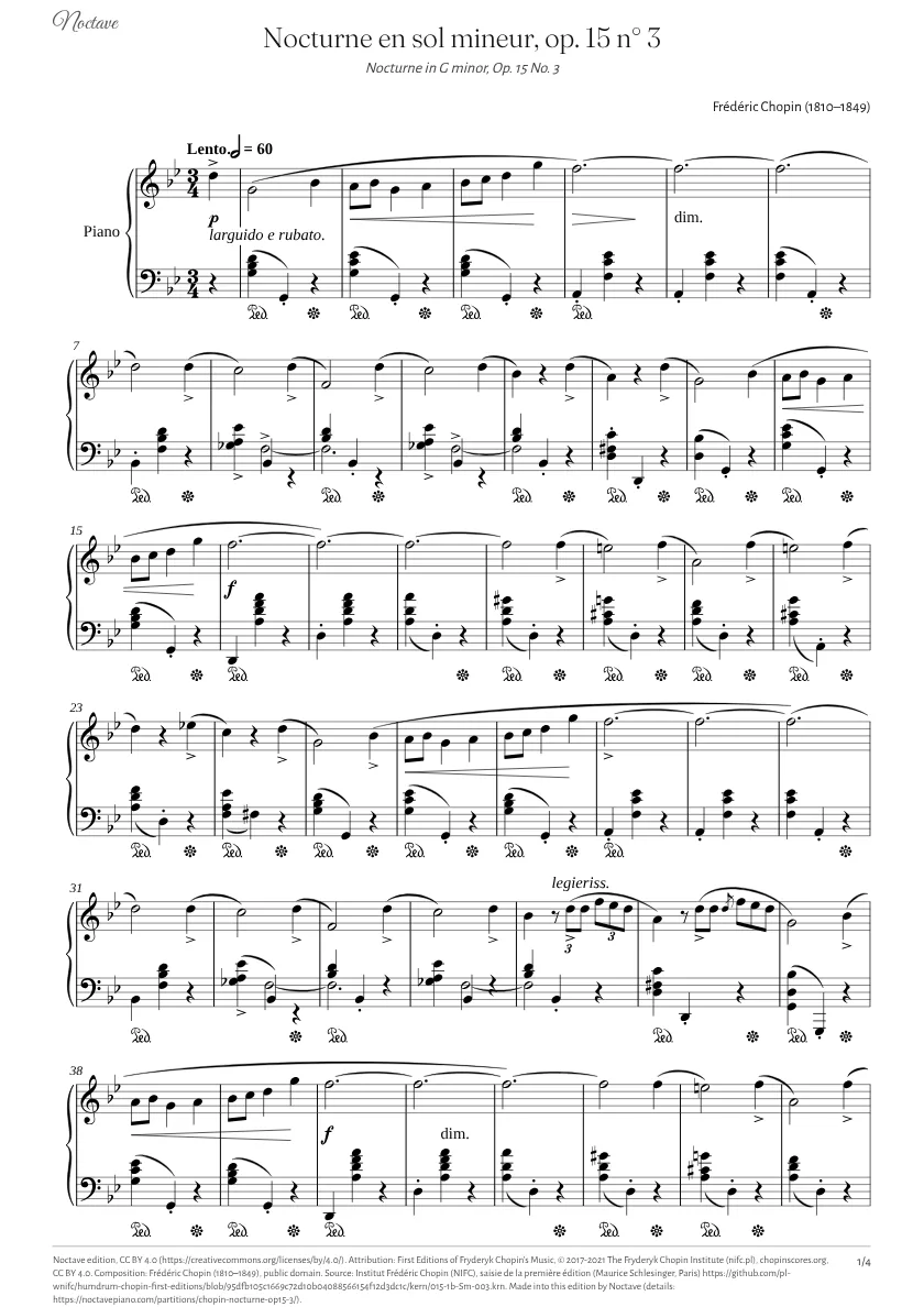 Première page de la partition de Nocturne en sol mineur, op. 15 n° 3