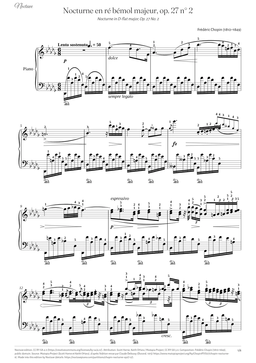 Première page de la partition de Nocturne en ré bémol majeur, op. 27 n° 2