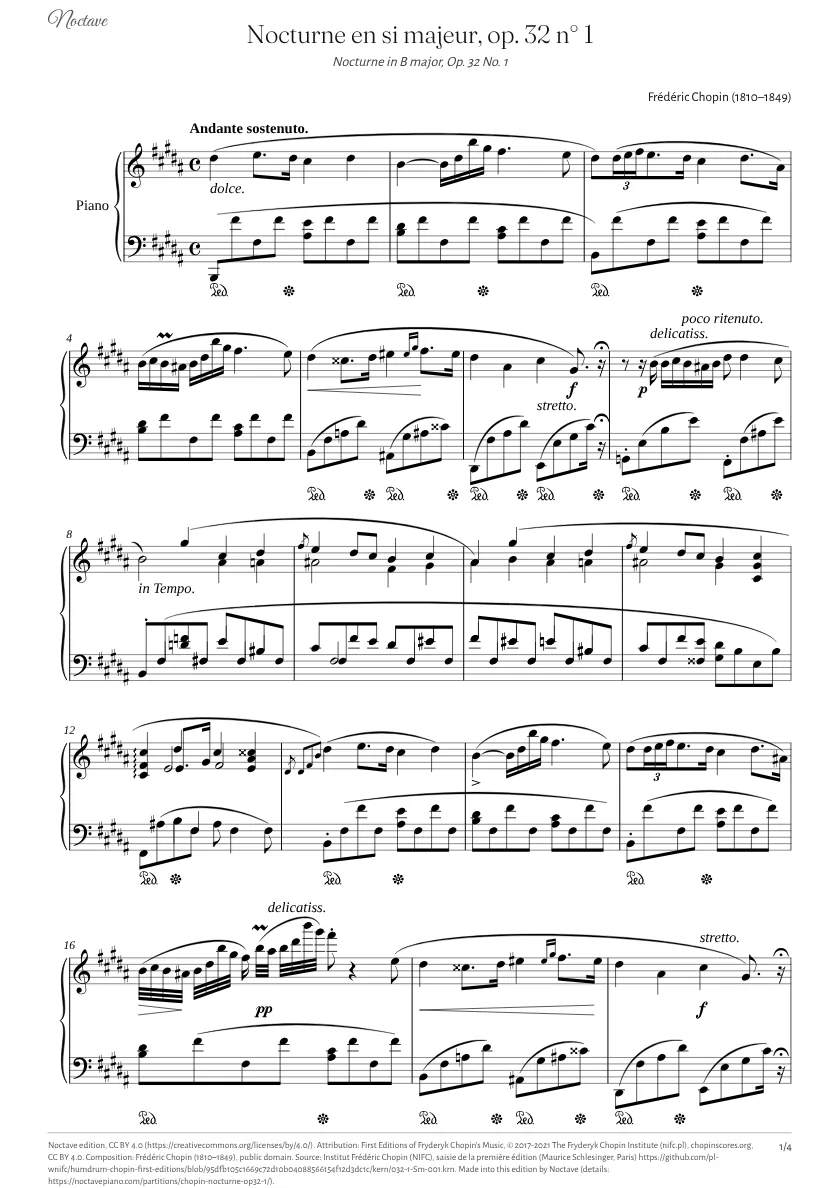 First page of the score of Nocturne in B major, Op. 32 No. 1