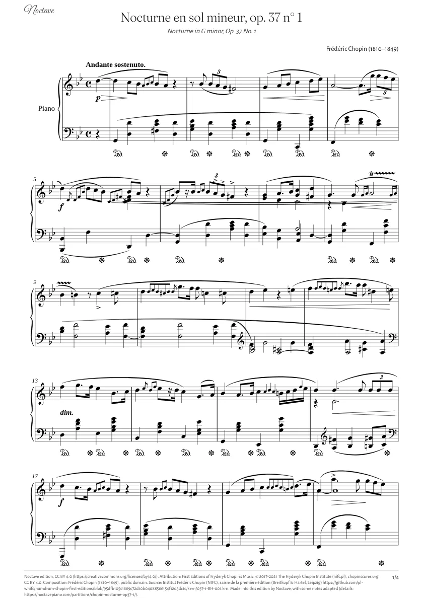 First page of the score of Nocturne in G minor, Op. 37 No. 1