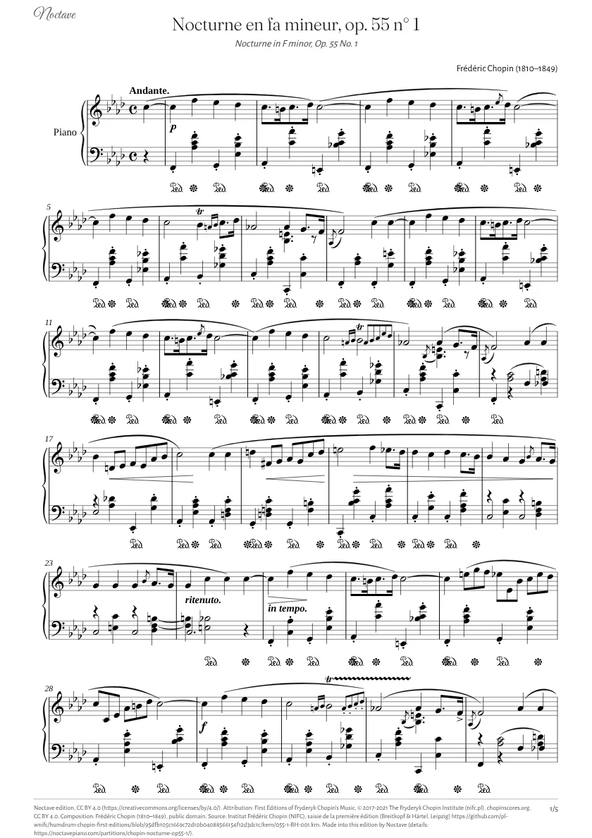 First page of the score of Nocturne in F minor, Op. 55 No. 1