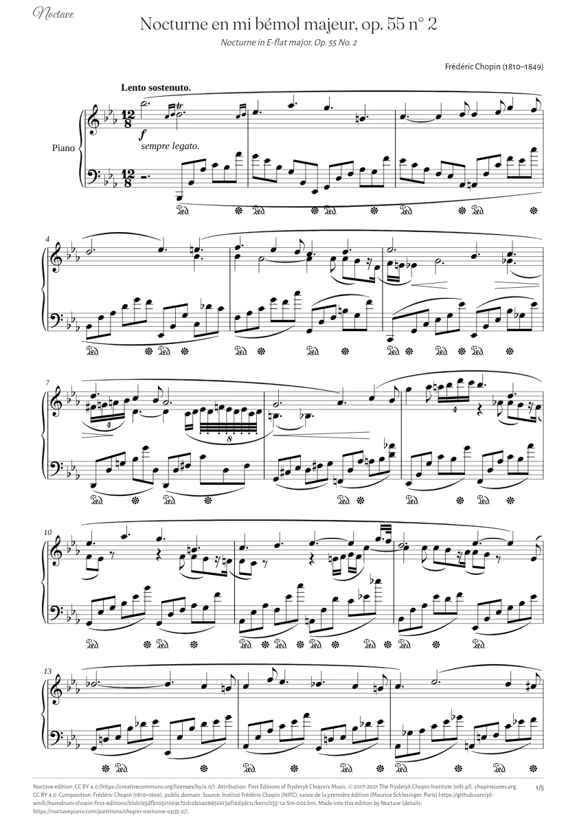 First page of the score of Nocturne in E-flat major, Op. 55 No. 2