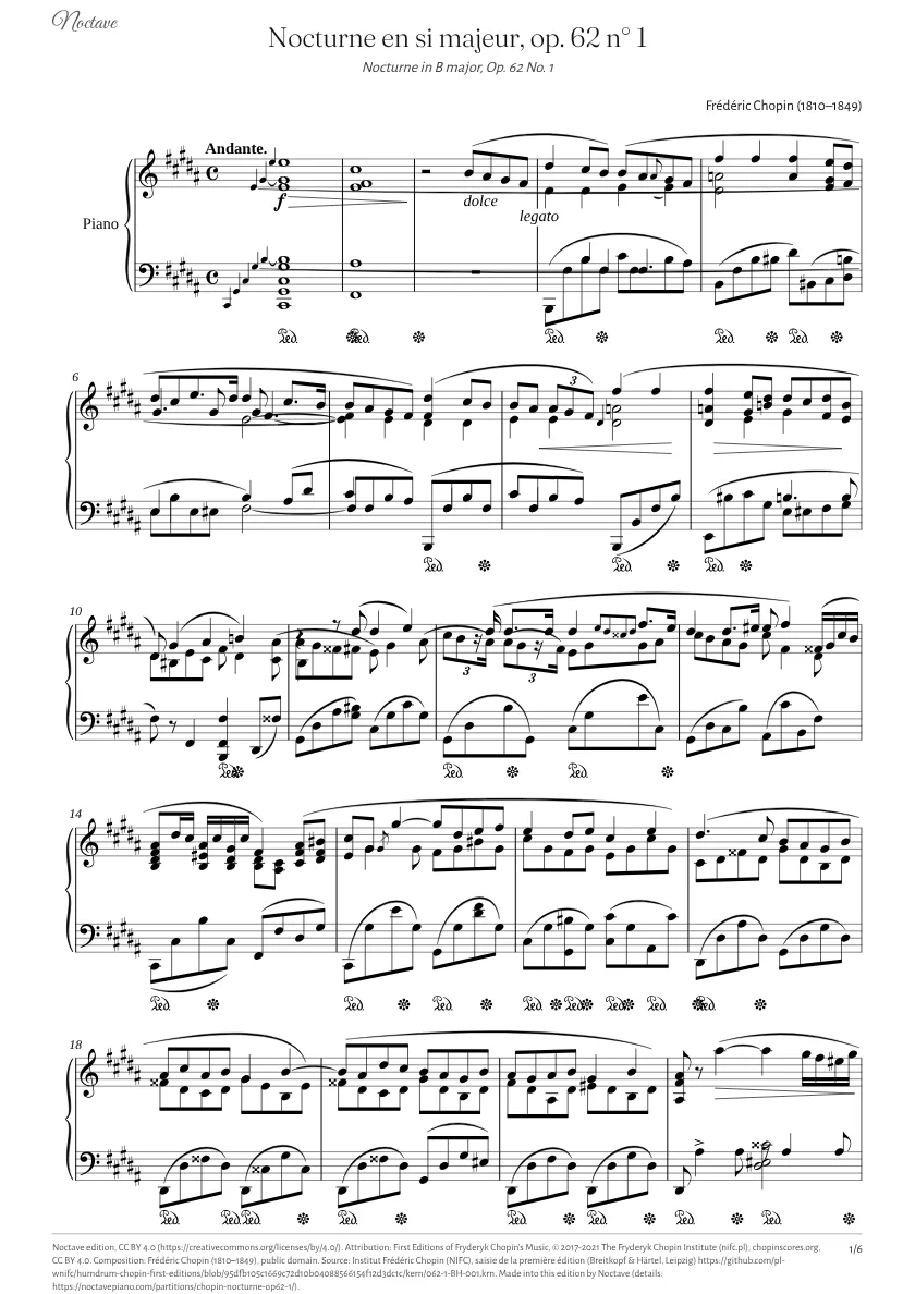 First page of the score of Nocturne in B major, Op. 62 No. 1