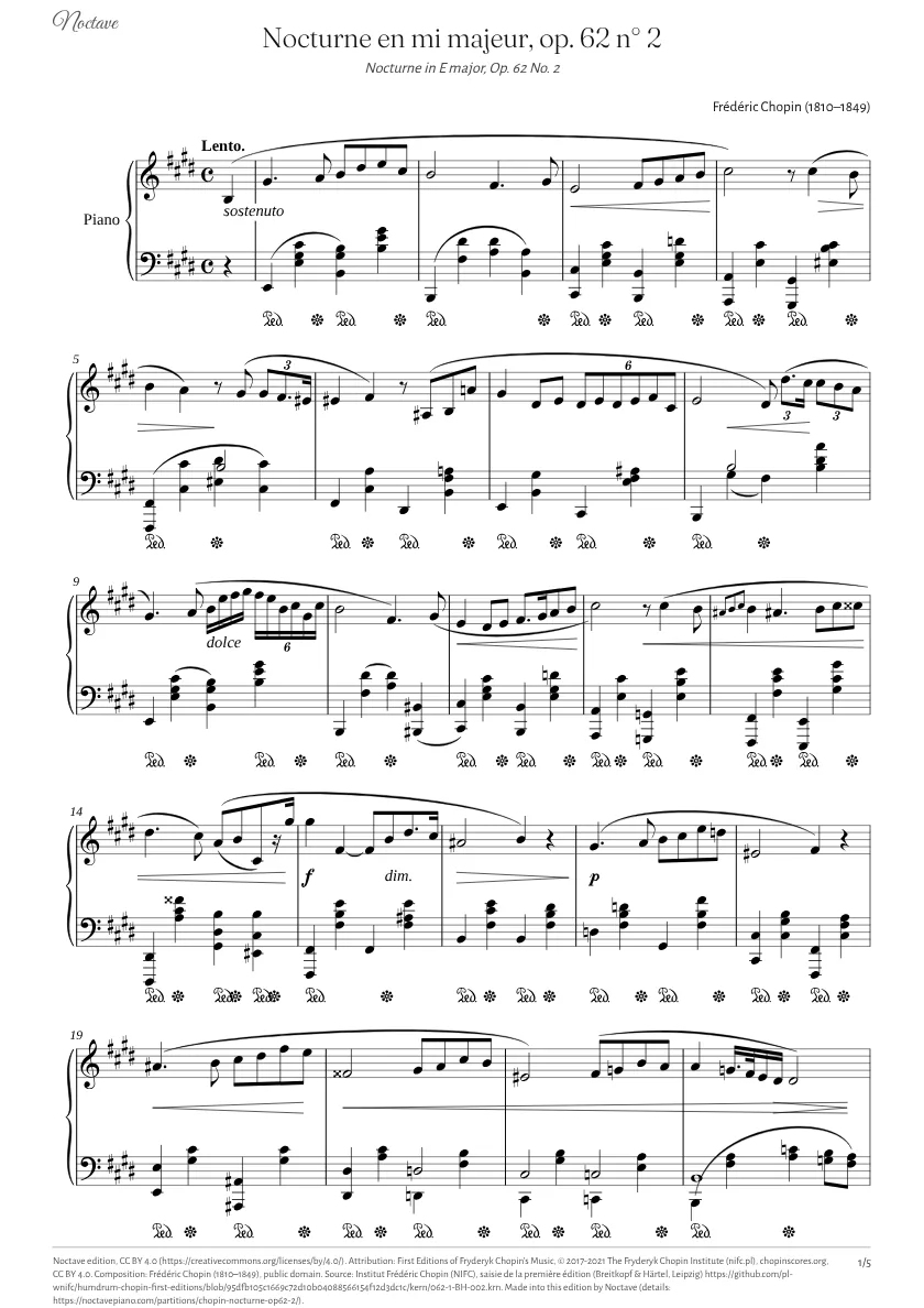 Première page de la partition de Nocturne en mi majeur, op. 62 n° 2
