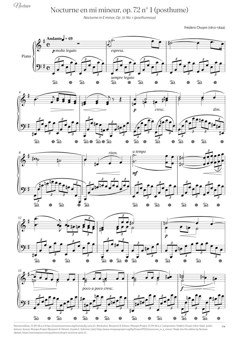 Première page de la partition de Nocturne en mi mineur, op. 72 n° 1 (posthume)