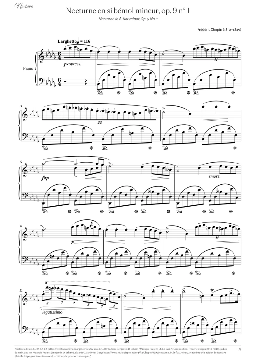 Première page de la partition de Nocturne en si bémol mineur, op. 9 n° 1