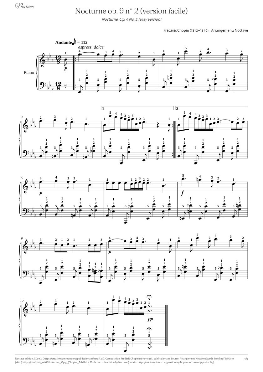Première page de la partition de Nocturne op. 9 n° 2 (version facile)