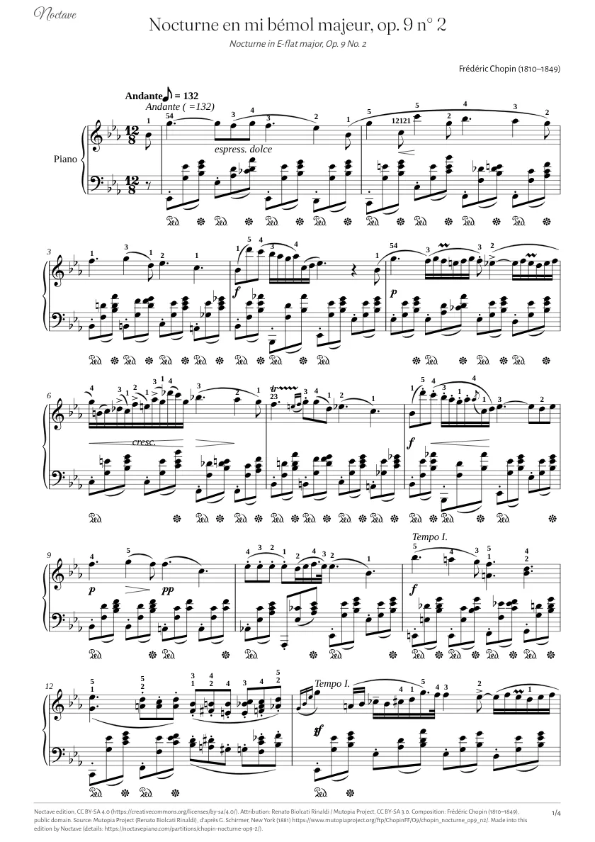 Première page de la partition de Nocturne en mi bémol majeur, op. 9 n° 2