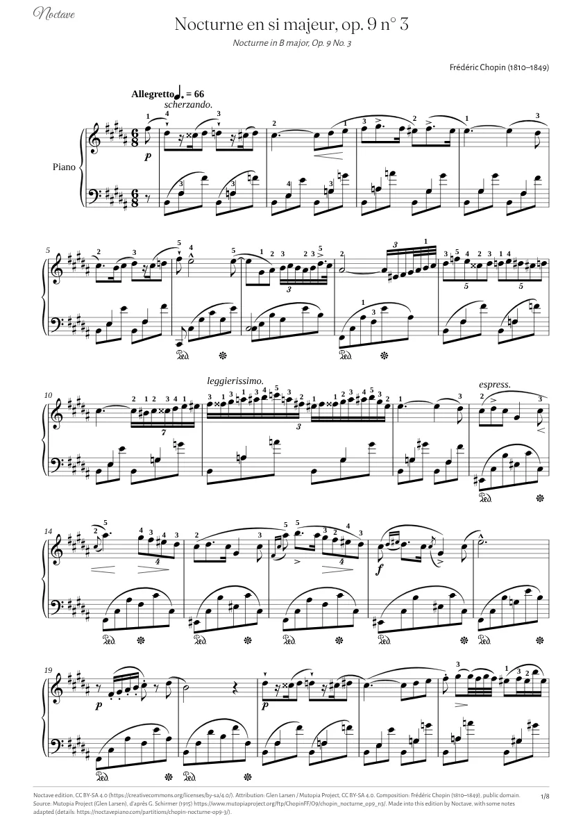 Première page de la partition de Nocturne en si majeur, op. 9 n° 3