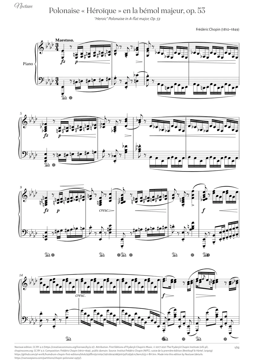 Première page de la partition de Polonaise « Héroïque » en la bémol majeur, op. 53