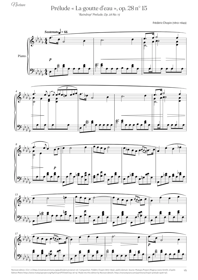 Première page de la partition de Prélude « La goutte d’eau », op. 28 n° 15