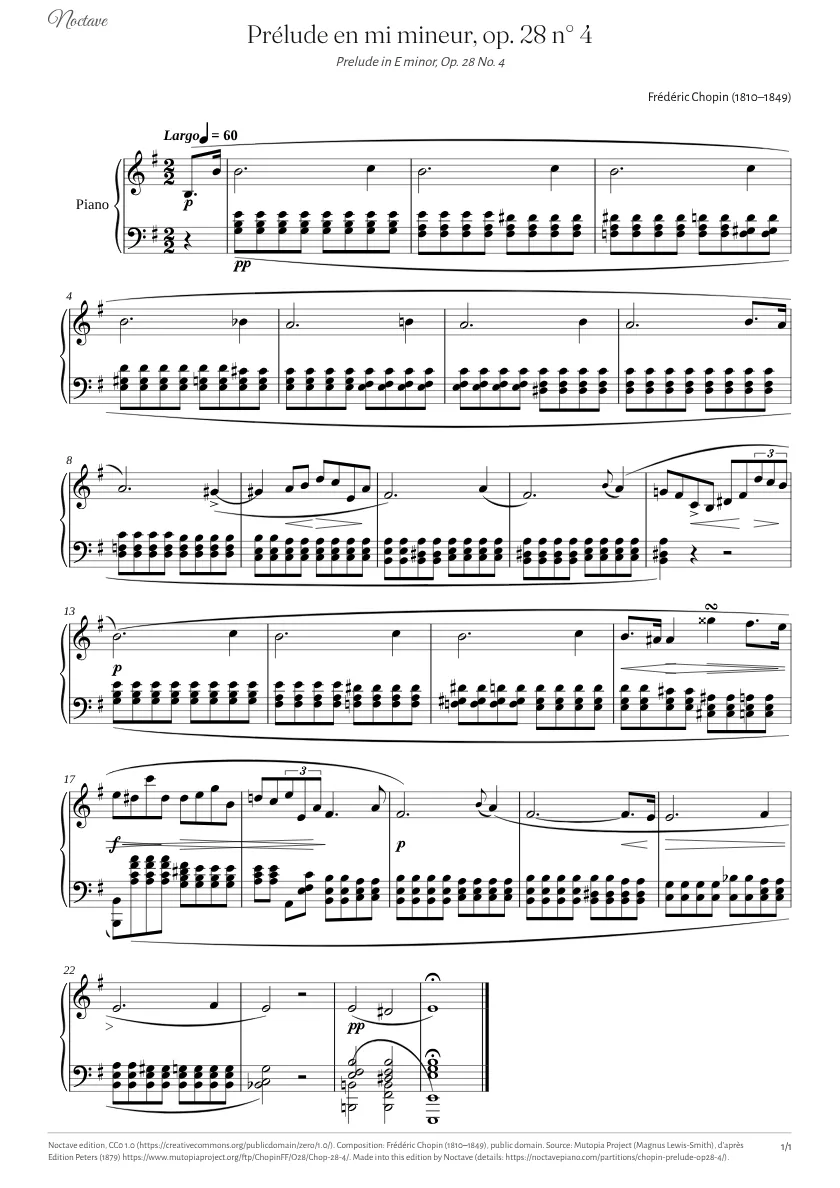 First page of the score of Prelude in E minor, Op. 28 No. 4