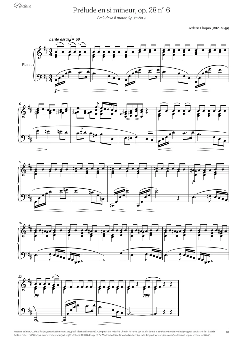 First page of the score of Prelude in B minor, Op. 28 No. 6