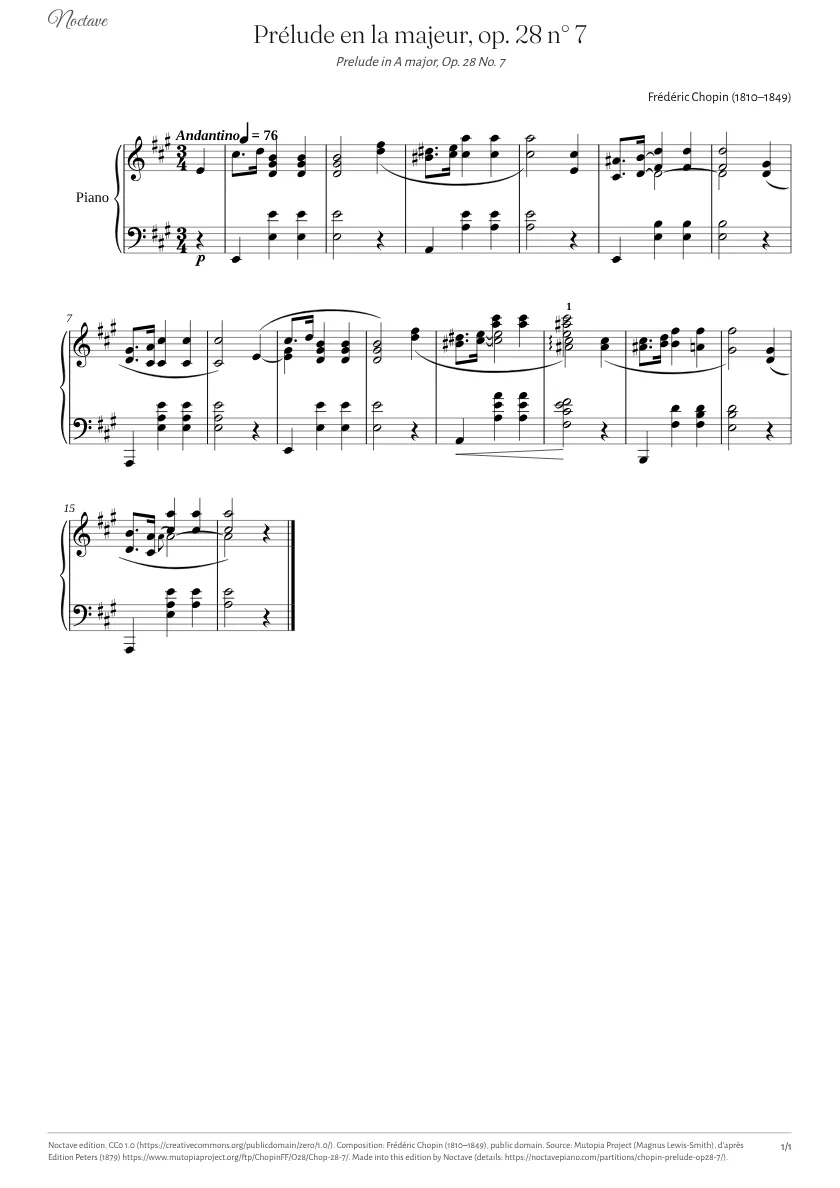Première page de la partition de Prélude en la majeur, op. 28 n° 7
