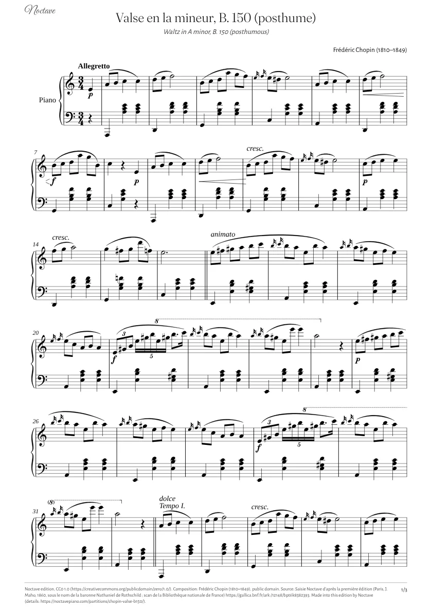 First page of the score of Waltz in A minor, B. 150 (posthumous)
