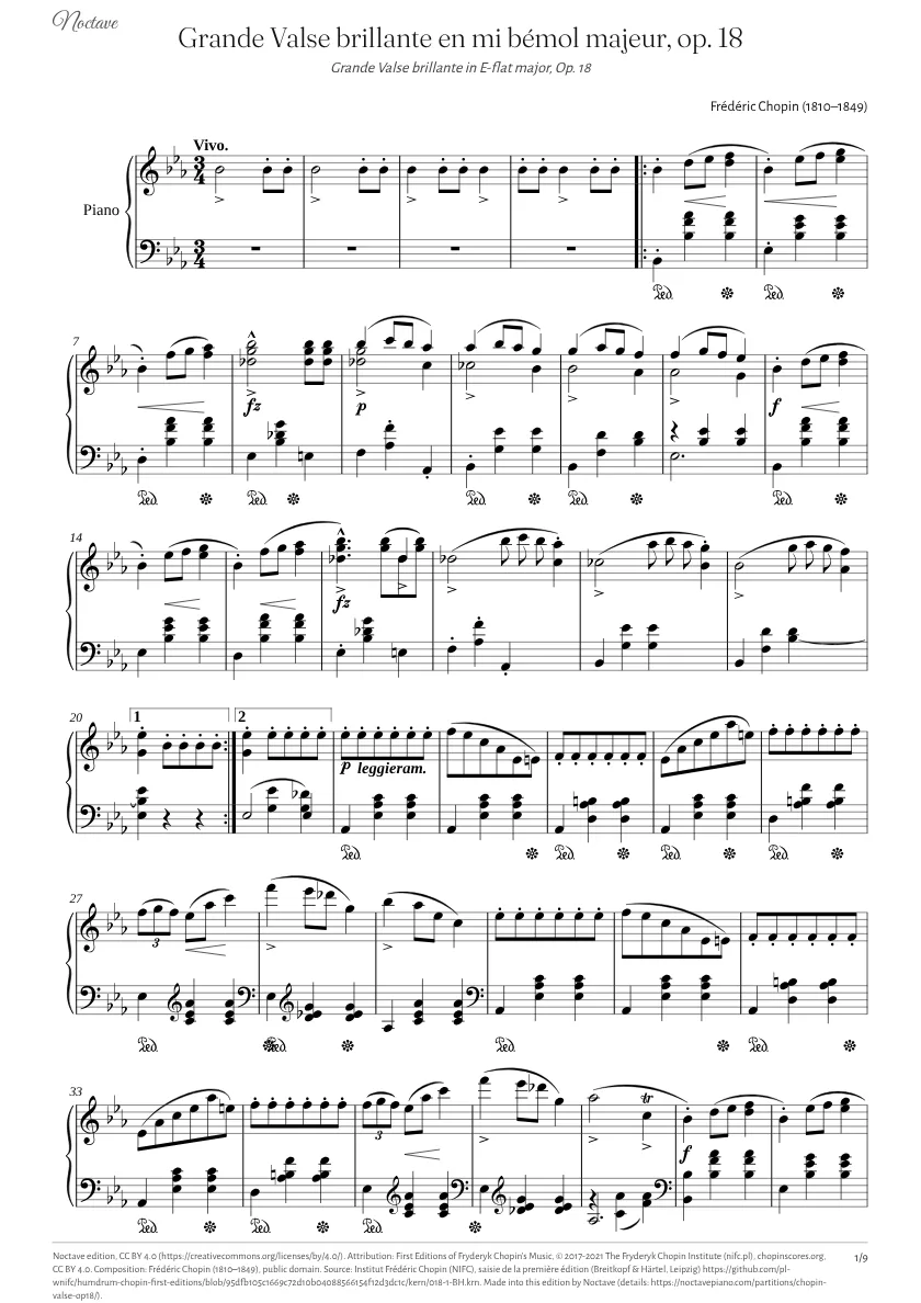 Première page de la partition de Grande Valse brillante en mi bémol majeur, op. 18