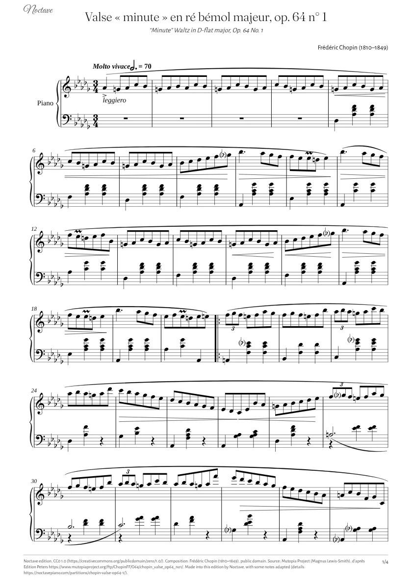 First page of the score of “Minute” Waltz in D-flat major, Op. 64 No. 1