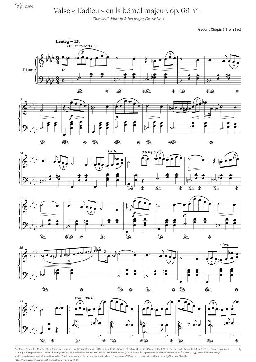 Première page de la partition de Valse « L’adieu » en la bémol majeur, op. 69 n° 1