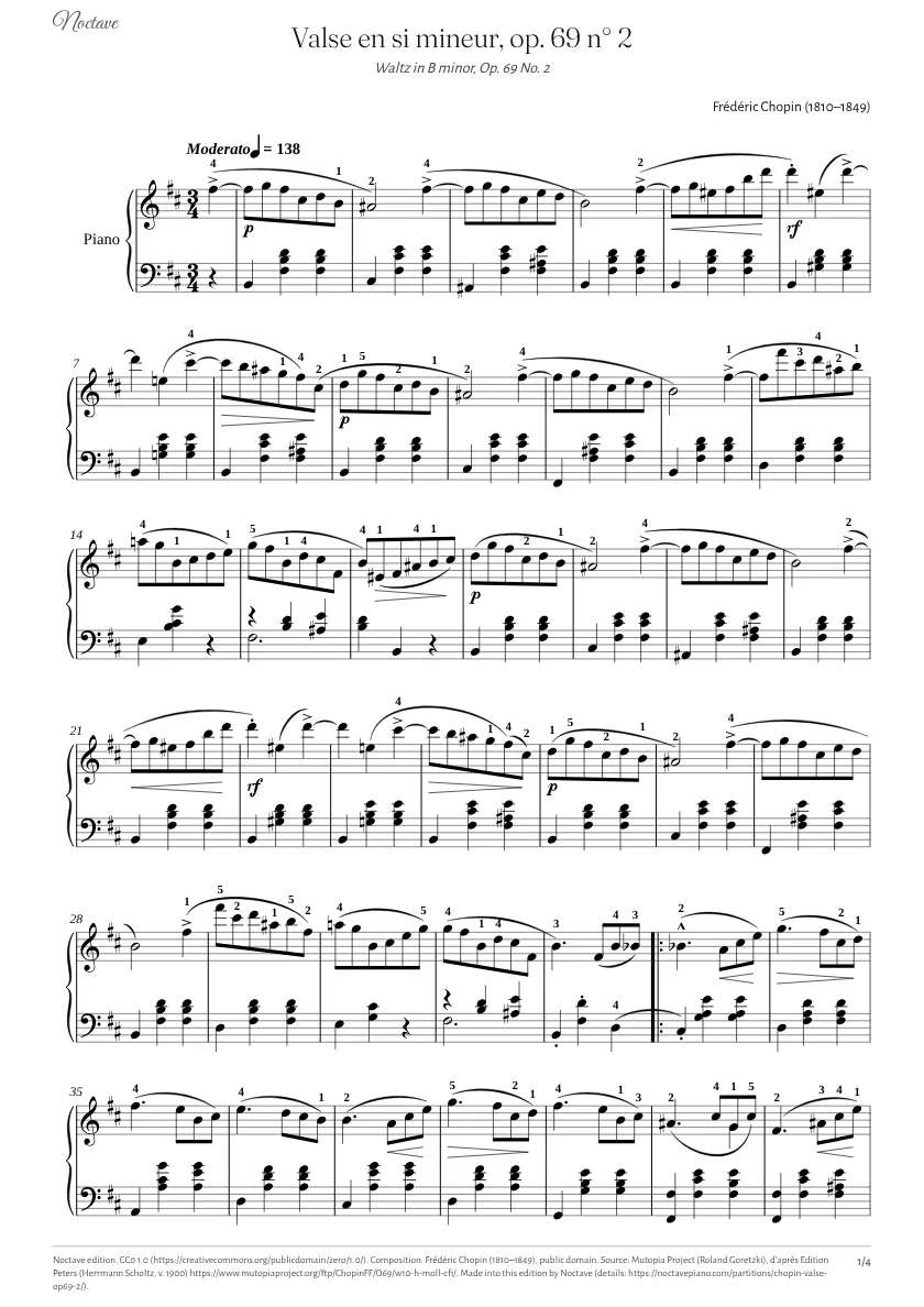 Première page de la partition de Valse en si mineur, op. 69 n° 2