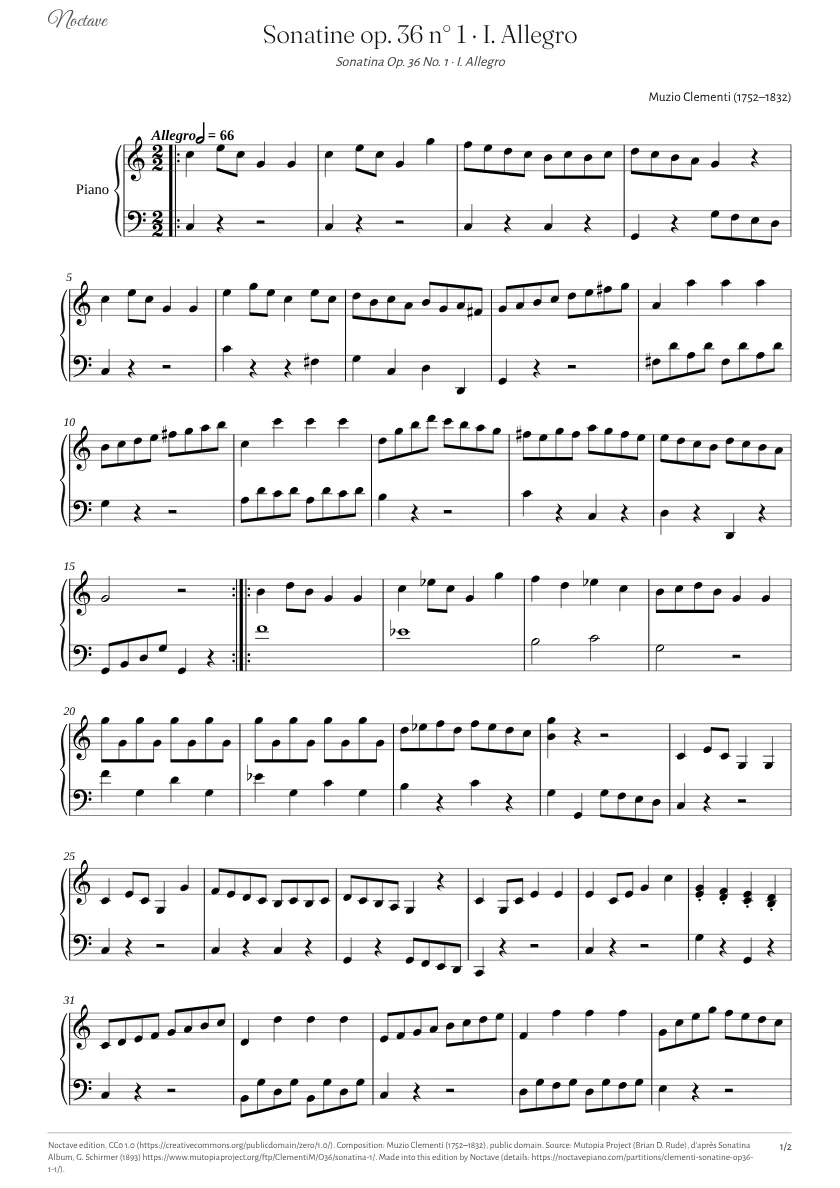Première page de la partition de Sonatine op. 36 n° 1 · I. Allegro